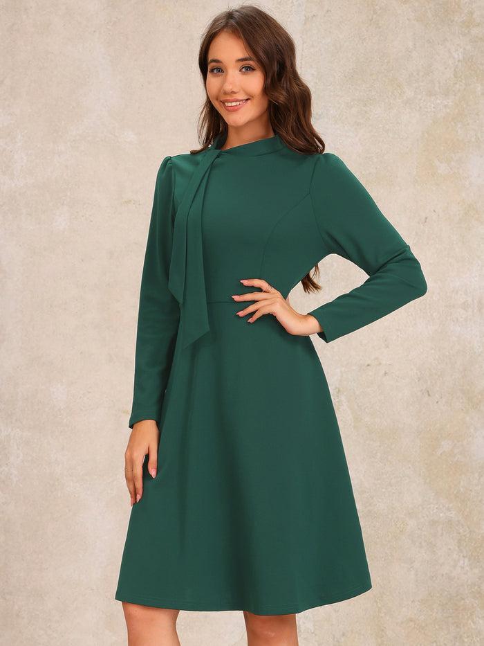 allegra k Tie Mock Neck Long Sleeves A-Line Midi Dress