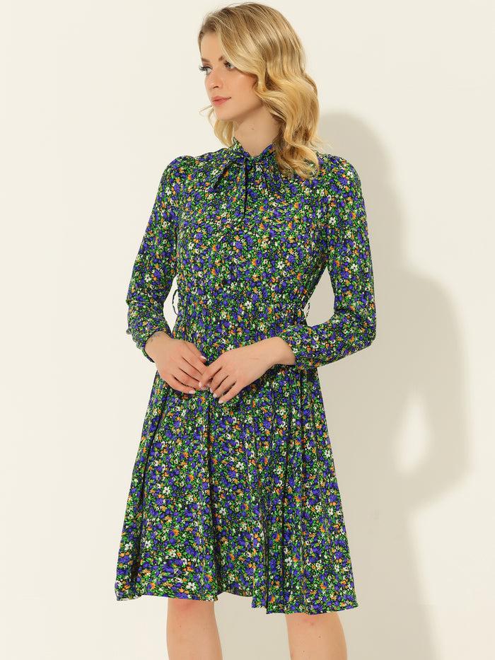 Allegra K Tie Neck Chiffon Long Sleeve Belted Vintage Floral Dress