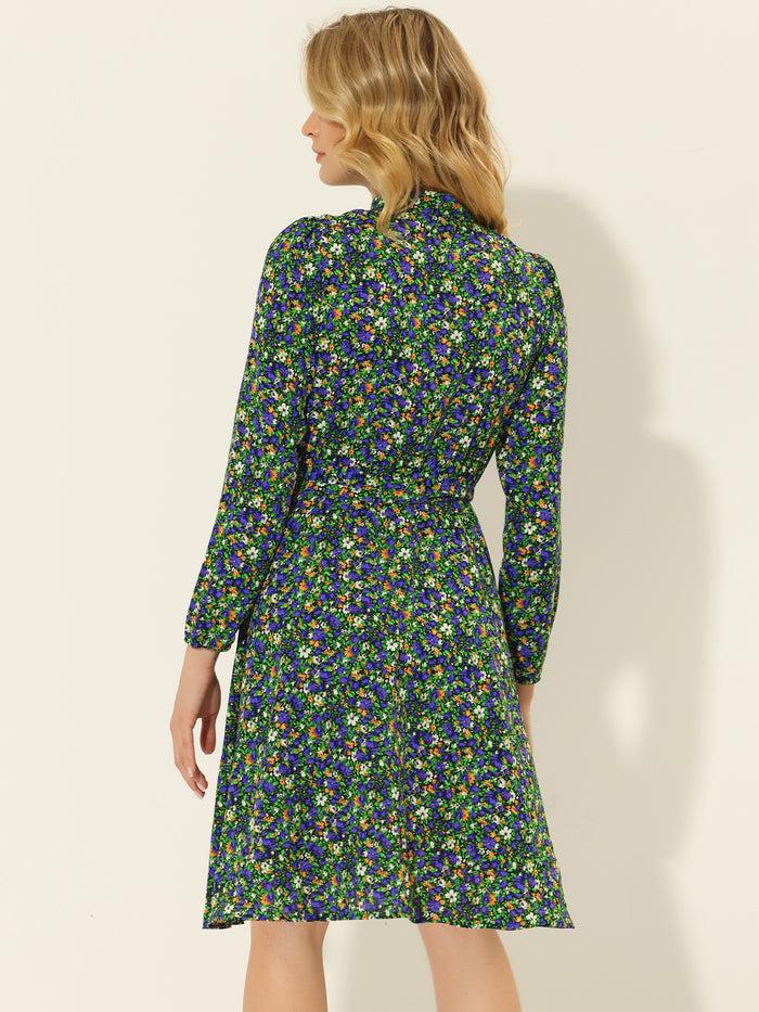 Allegra K Tie Neck Chiffon Long Sleeve Belted Vintage Floral Dress