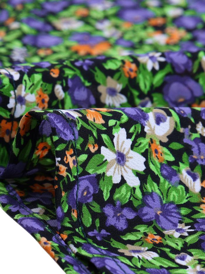 Allegra K Tie Neck Chiffon Long Sleeve Belted Vintage Floral Dress