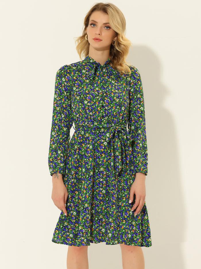 allegra k Tie Neck Chiffon Long Sleeve Belted Vintage Floral Dress