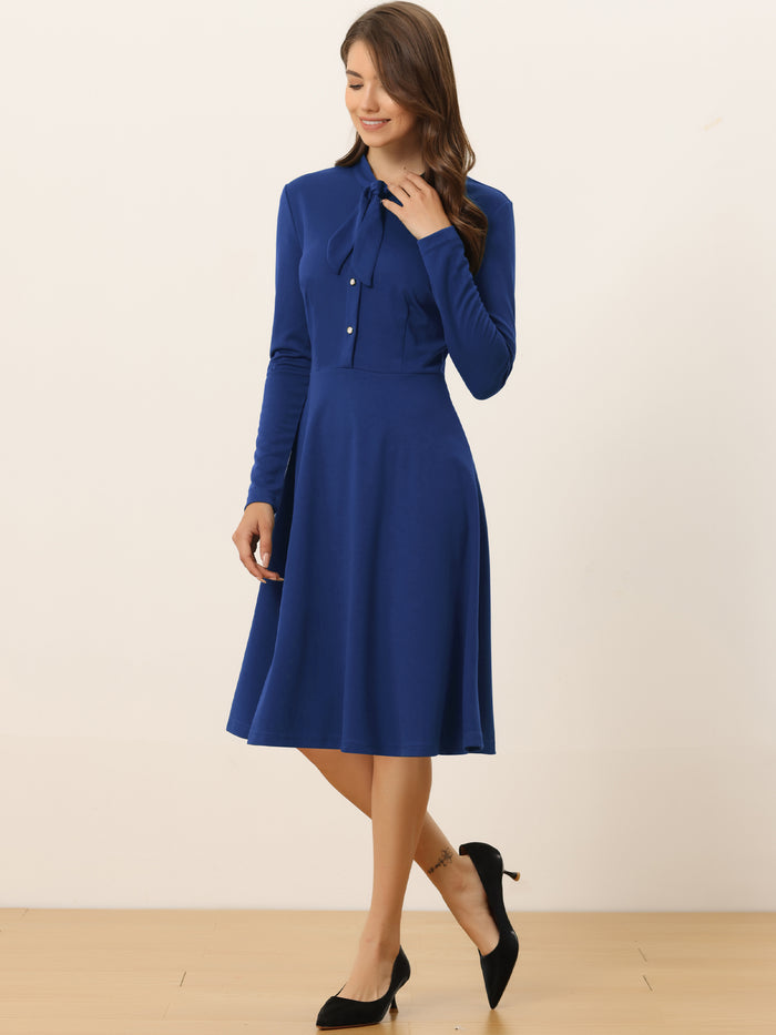 Allegra K Tie Neck Knit Long Sleeve Midi Solid Work Sheath Dress