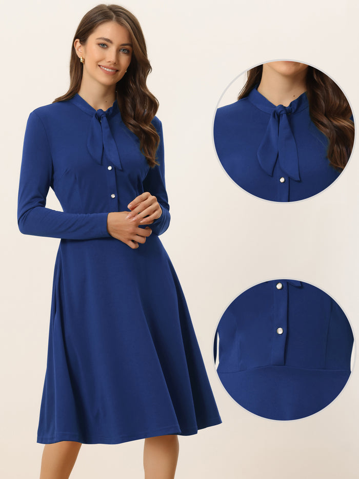 Allegra K Tie Neck Knit Long Sleeve Midi Solid Work Sheath Dress