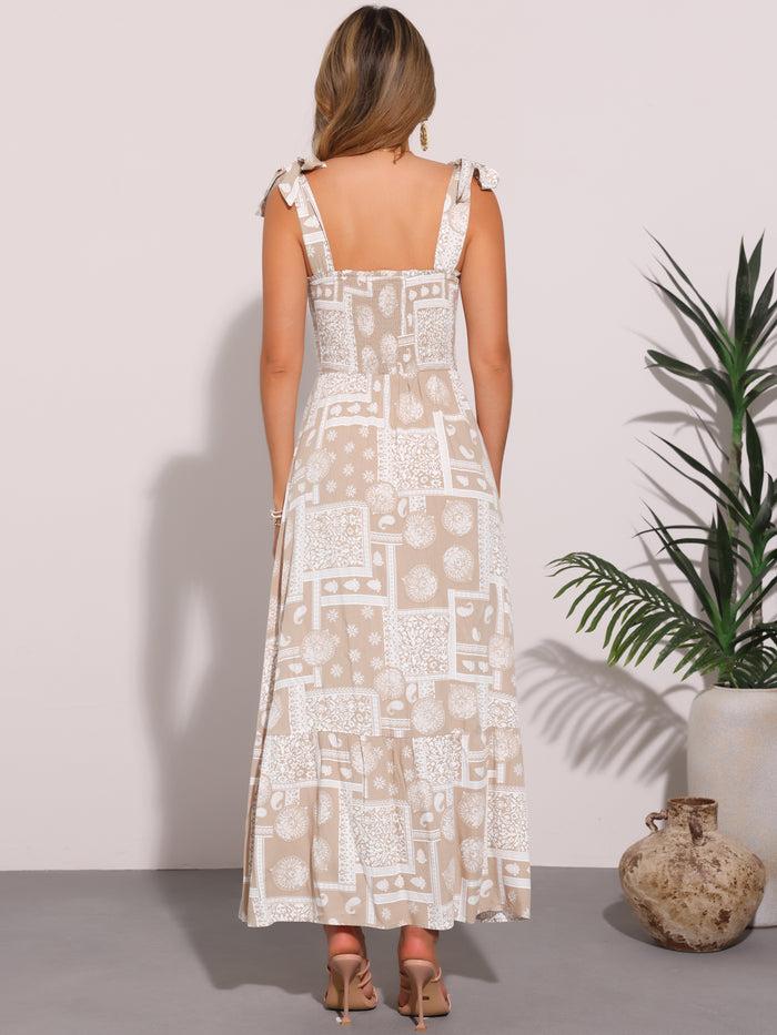 Allegra K Tie Strap Square Neck Boho Floral Maxi Dress