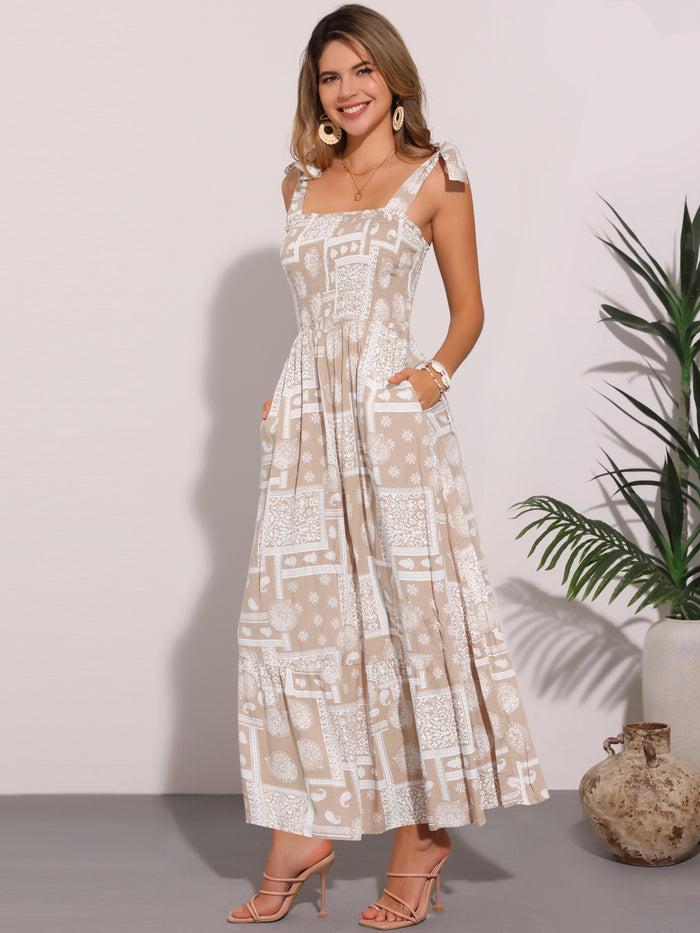 Allegra K Tie Strap Square Neck Boho Floral Maxi Dress