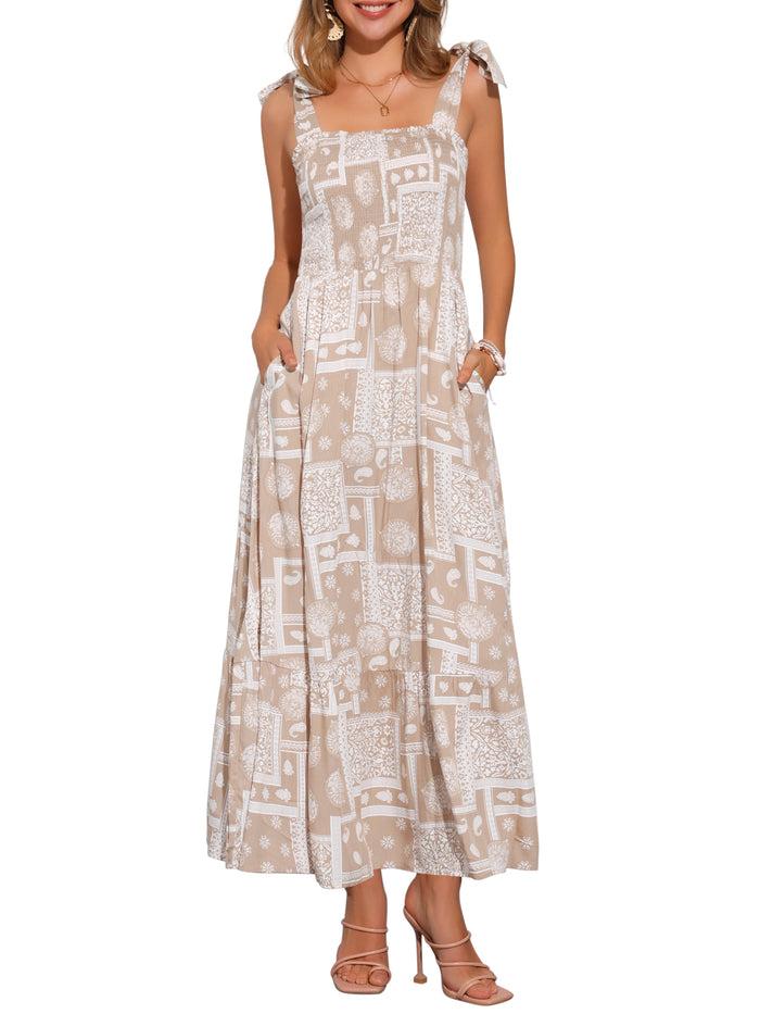 Allegra K Tie Strap Square Neck Boho Floral Maxi Dress