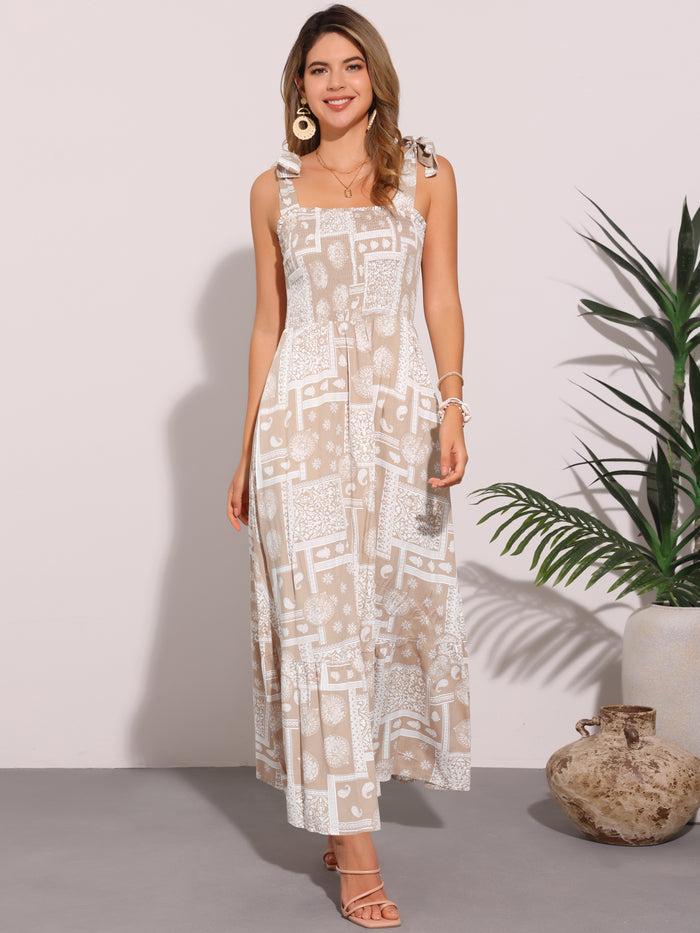 allegra k Tie Strap Square Neck Boho Floral Maxi Dress