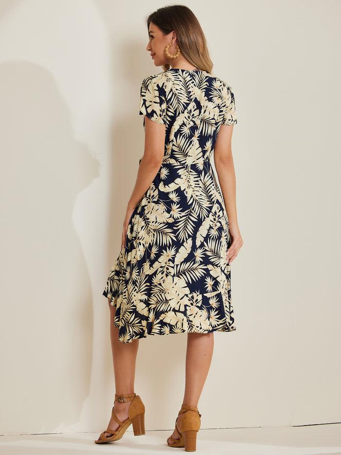 Allegra K Tie Waist Hawaiian Beach Tropical Midi Leaves Printed Wrap Dress
