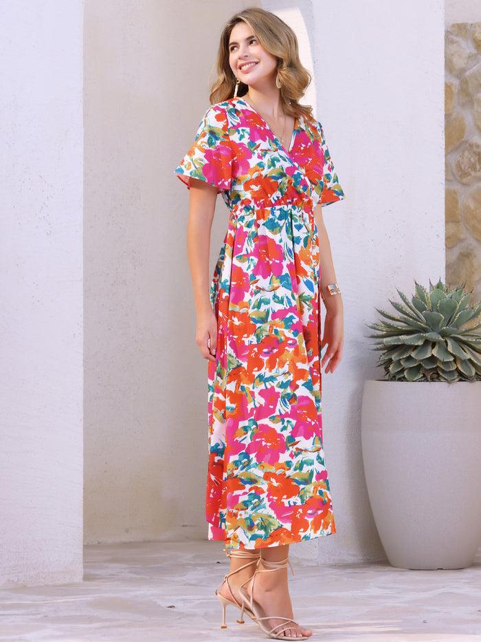 Allegra K Tropical Floral V Neck Slit Short Sleeve Midi Dress