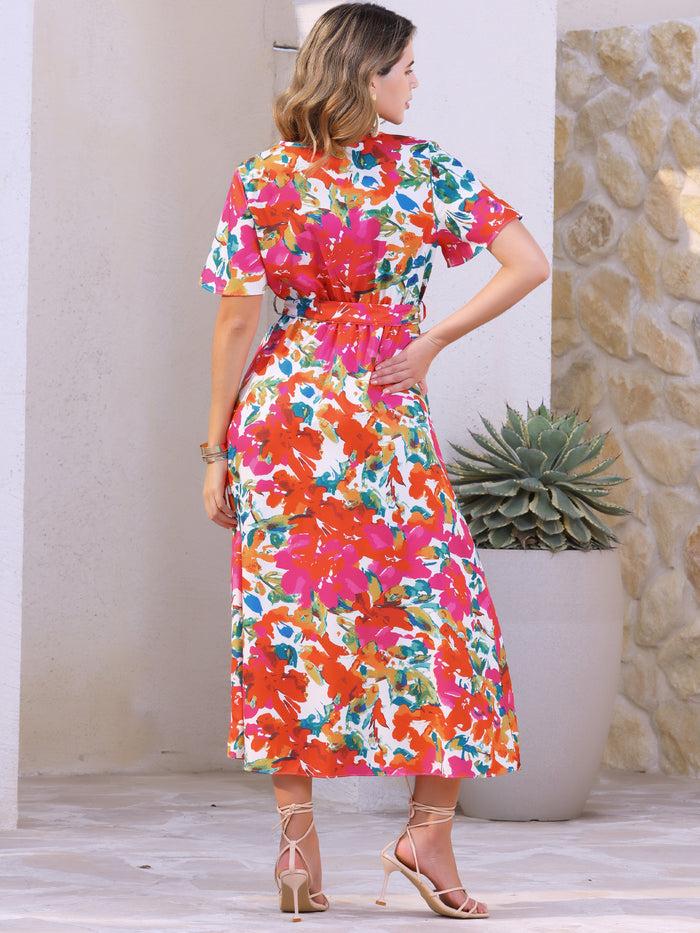 Allegra K Tropical Floral V Neck Slit Short Sleeve Midi Dress