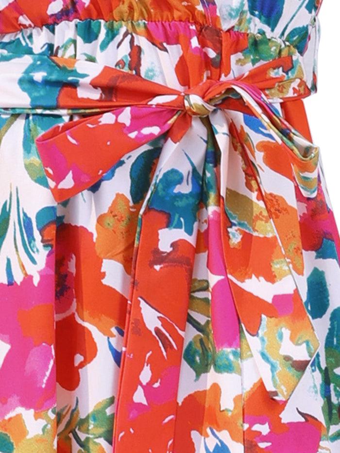 Allegra K Tropical Floral V Neck Slit Short Sleeve Midi Dress