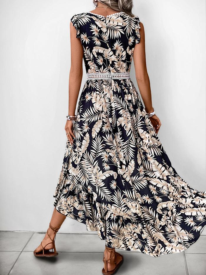 Allegra K Tropical Plant Ruffled Hi-Lo Hem Midi Dress