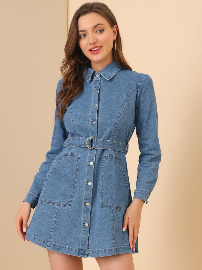 Allegra K Turn-Down Collar Belted Puff Long Sleeve Denim Shirt Dress