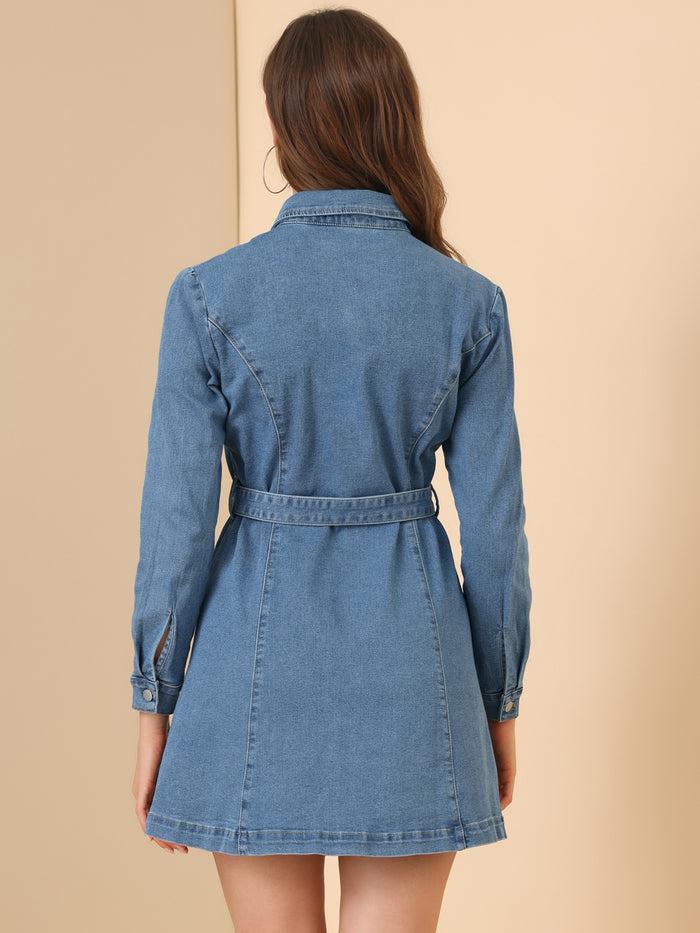 Allegra K Turn-Down Collar Belted Puff Long Sleeve Denim Shirt Dress