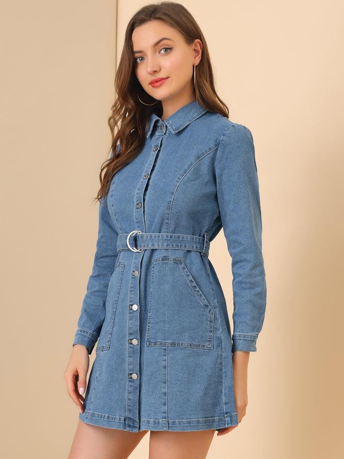 Allegra K Turn-Down Collar Belted Puff Long Sleeve Denim Shirt Dress
