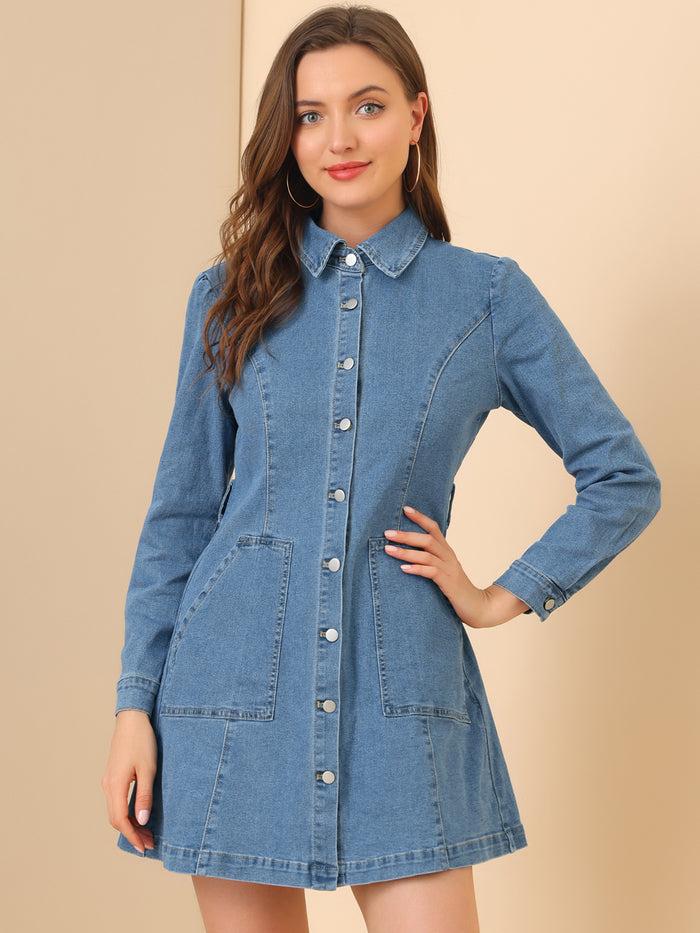 allegra k Turn-Down Collar Belted Puff Long Sleeve Denim Shirt Dress