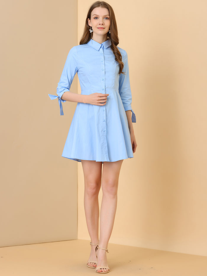 Allegra K Turn Down Collar Button Down Cotton Skater Shirt Dress