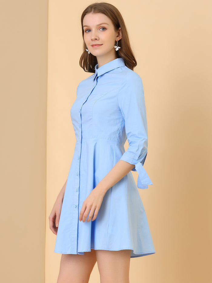 Allegra K Turn Down Collar Button Down Cotton Skater Shirt Dress