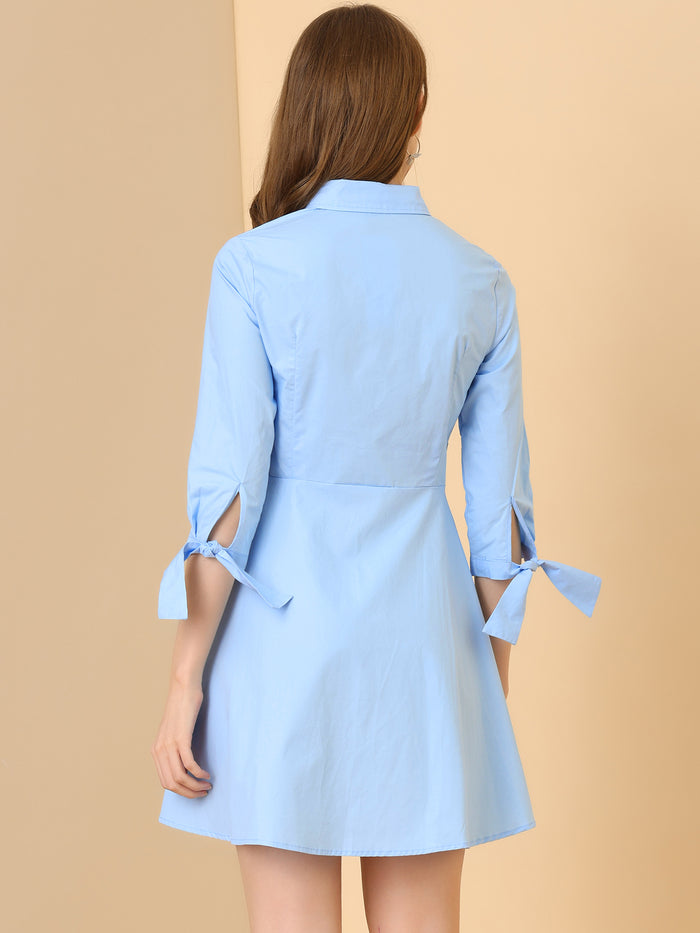 Allegra K Turn Down Collar Button Down Cotton Skater Shirt Dress