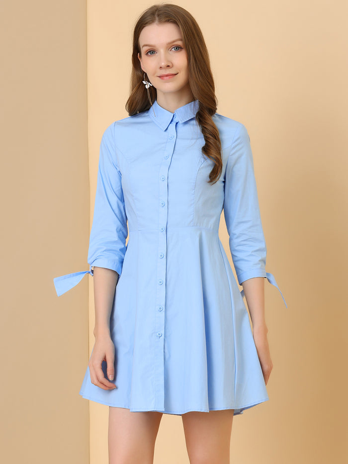 allegra k Turn Down Collar Button Down Cotton Skater Shirt Dress