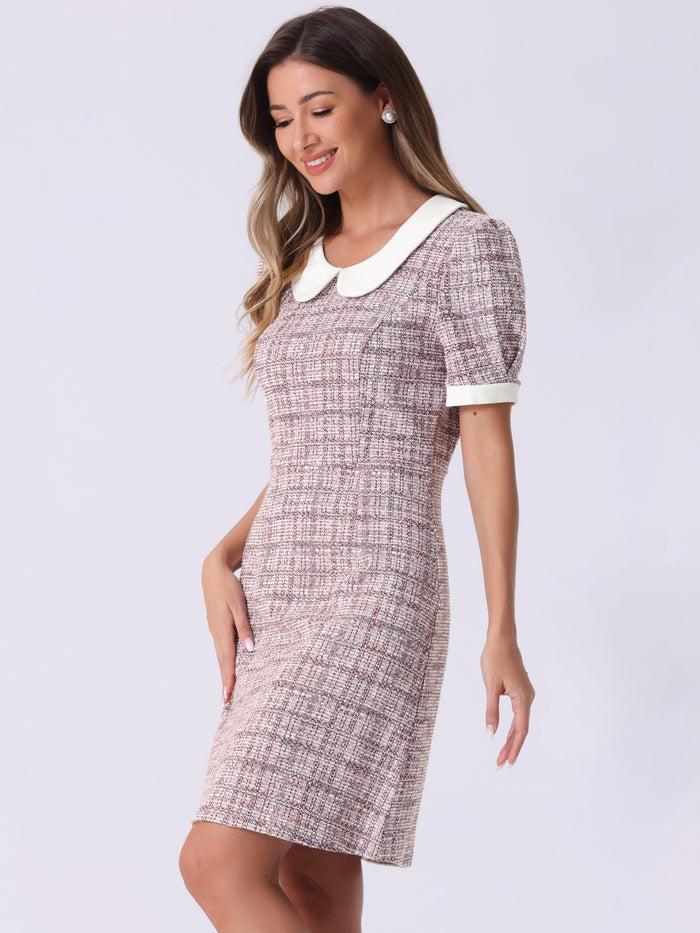 Allegra K Tweed Peter Pan Collar Puff Short Sleeve A-line Midi Dress