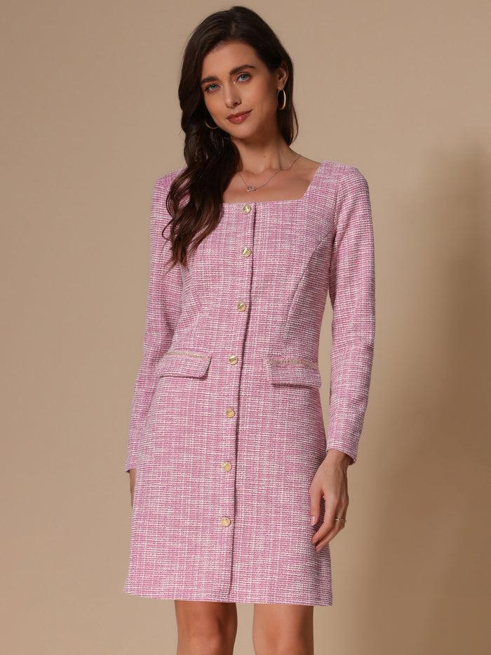 allegra k Tweed Plaid Long Sleeves Square Neckline Knee Length Dress