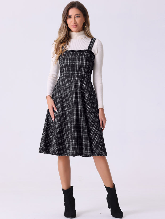 allegra k Tweed Plaid Sleeveless Pockets A-Line Pinafore Overall Dress