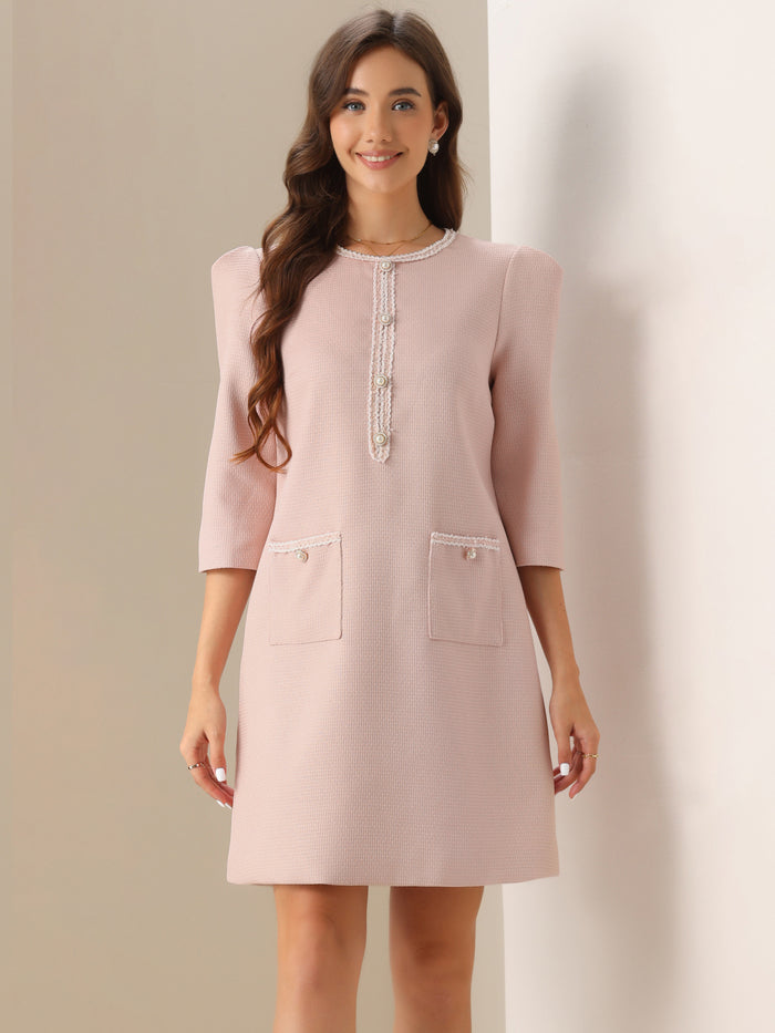 allegra k Tweed Round Neck Faux Pearl Button Puff 3/4 Sleeves Dress