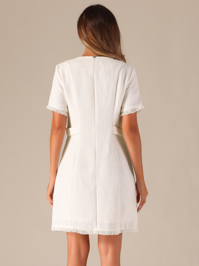 Allegra K Tweed Round Neck Short Sleeves Textured Mini Dress