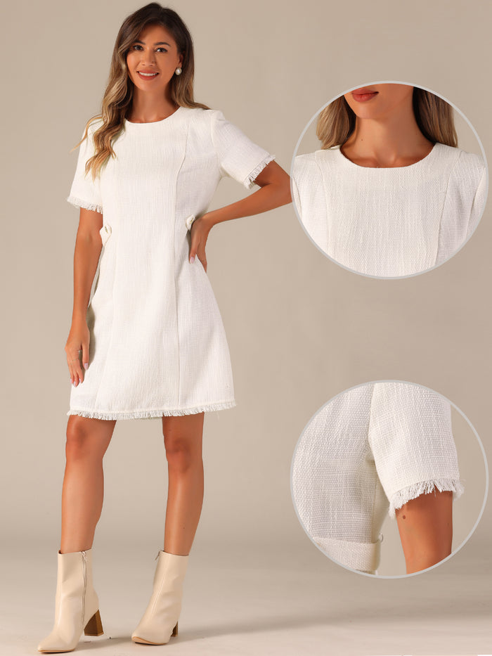 Allegra K Tweed Round Neck Short Sleeves Textured Mini Dress