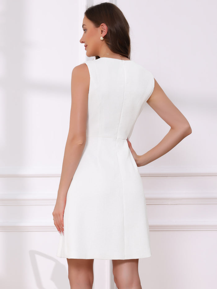 Allegra K Tweed Sleeveless Crew Neck Side Pleated Knee Length A-line Dress