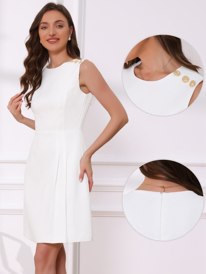 Allegra K Tweed Sleeveless Crew Neck Side Pleated Knee Length A-line Dress