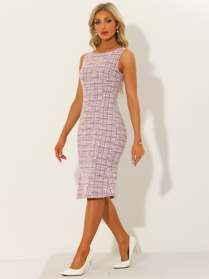 Allegra K Tweed Sleeveless Elegant Plaid Midi Fishtail Dress