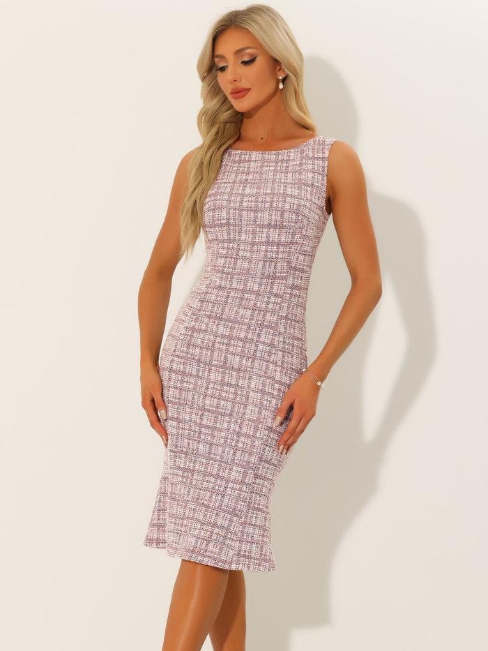 allegra k Tweed Sleeveless Elegant Plaid Midi Fishtail Dress