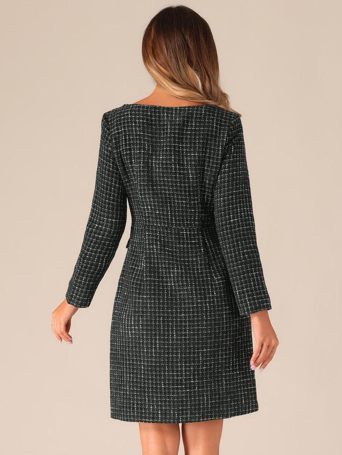 Allegra K Tweed Square Neck Long Sleeve Pockets Plaid Mini Dress