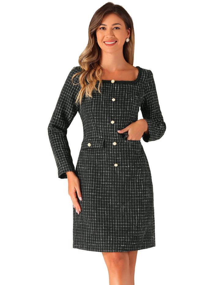 Allegra K Tweed Square Neck Long Sleeve Pockets Plaid Mini Dress