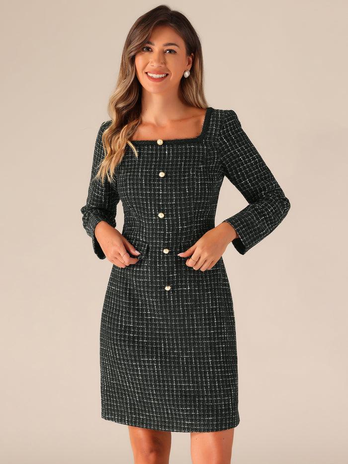 allegra k Tweed Square Neck Long Sleeve Pockets Plaid Mini Dress