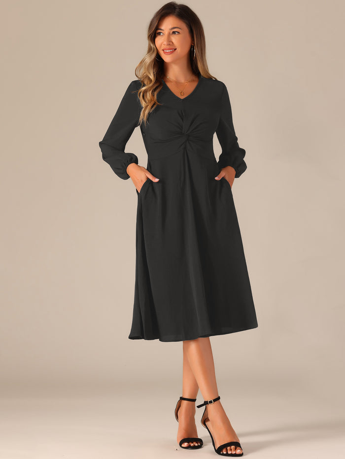 allegra k Twist Front Long Sleeve Pockets A-Line Midi Dress