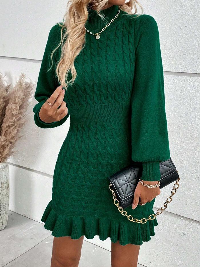 Allegra K Twist Knit Mock Neck Ruffled Mini Bodycon Sweater Dress