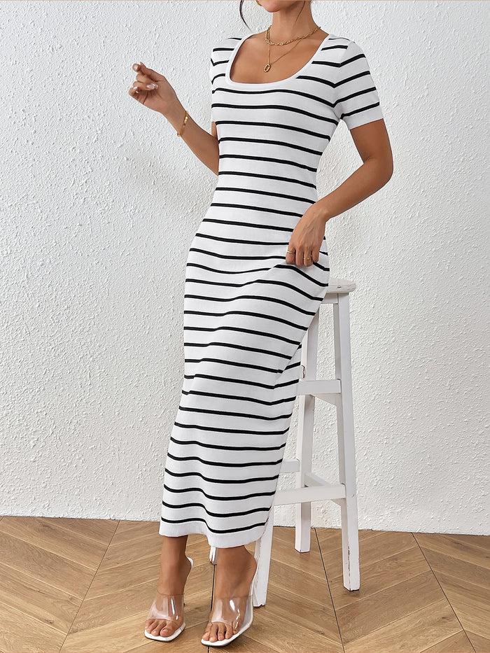 Allegra K U Neck Short Sleeves Knitted Striped Maxi Dress