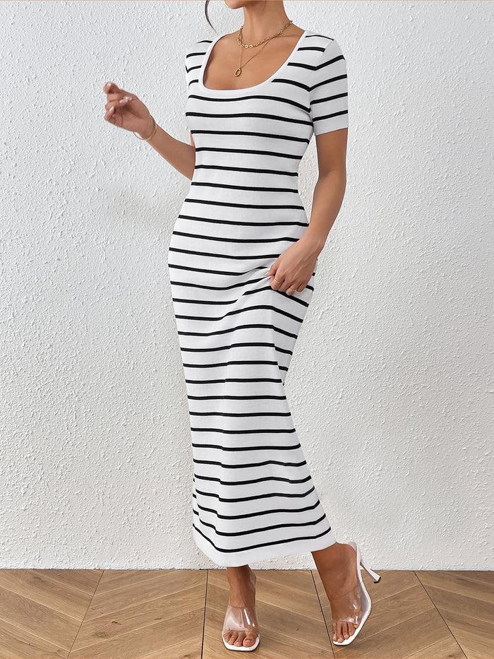 Allegra K U Neck Short Sleeves Knitted Striped Maxi Dress