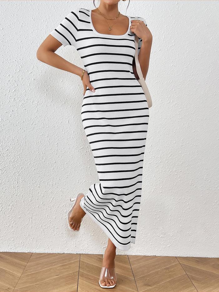 Allegra K U Neck Short Sleeves Knitted Striped Maxi Dress