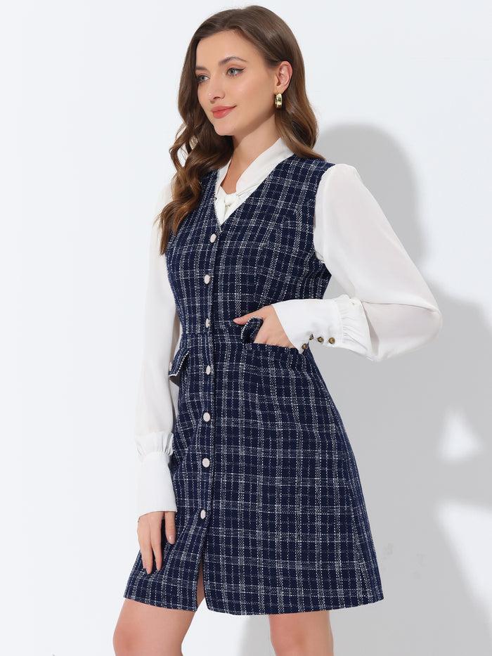 Allegra K V Neck Button Down Pockets Vintage Sleeveless Plaid Tweed Dress