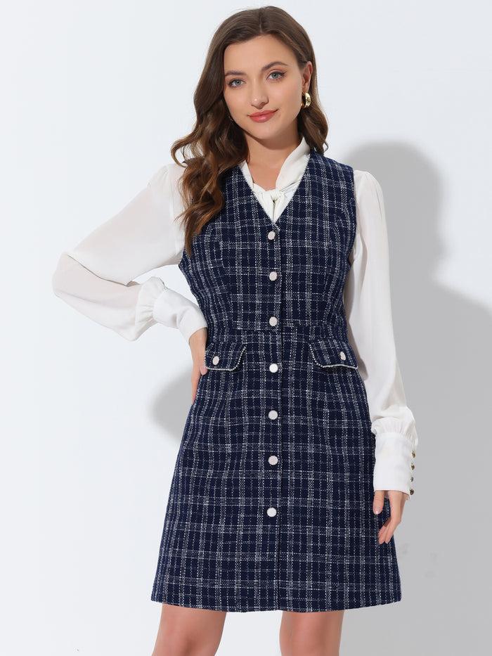 allegra k V Neck Button Down Pockets Vintage Sleeveless Plaid Tweed Dress