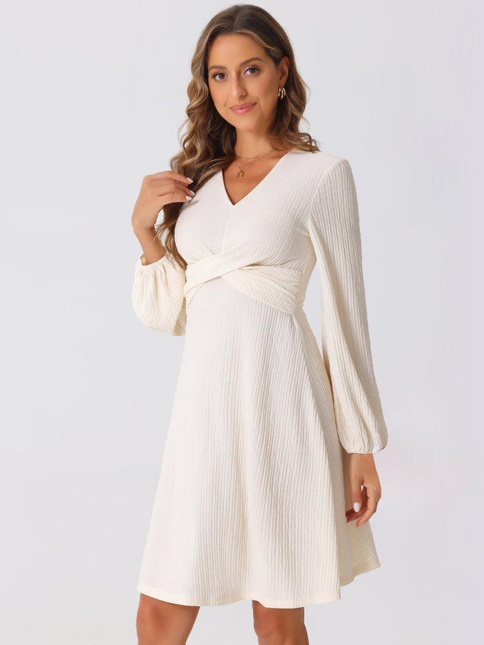 allegra k V Neck Criss Cross Long Sleeve Textured A-Line Midi Dress