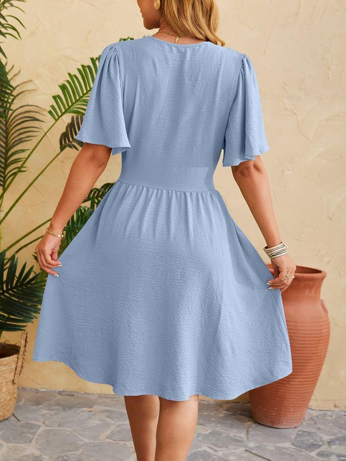 Allegra K V Neck Flared Sleeves Ruched A-Line Midi Dress