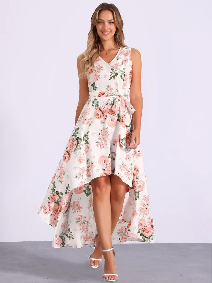 Allegra K V Neck Floral Print Belt Sleeveless High Low Hem Long Maxi Dress Sundress