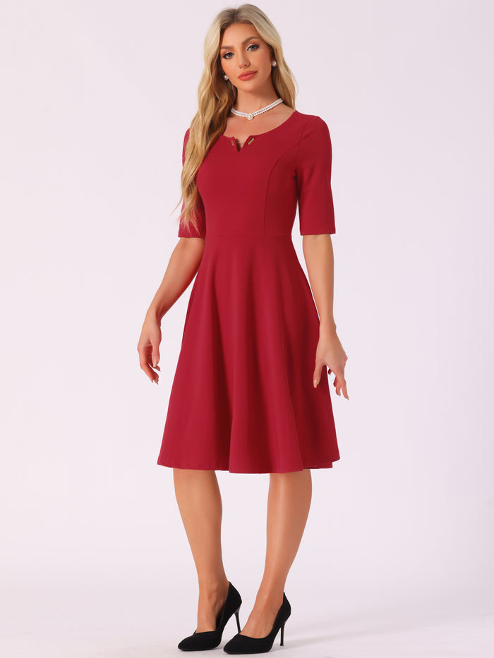Allegra K V Neck Half Sleeve Elegant A-Line Midi Dress