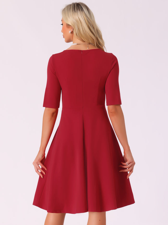 Allegra K V Neck Half Sleeve Elegant A-Line Midi Dress