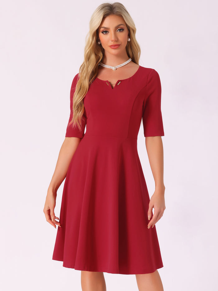allegra k V Neck Half Sleeve Elegant A-Line Midi Dress